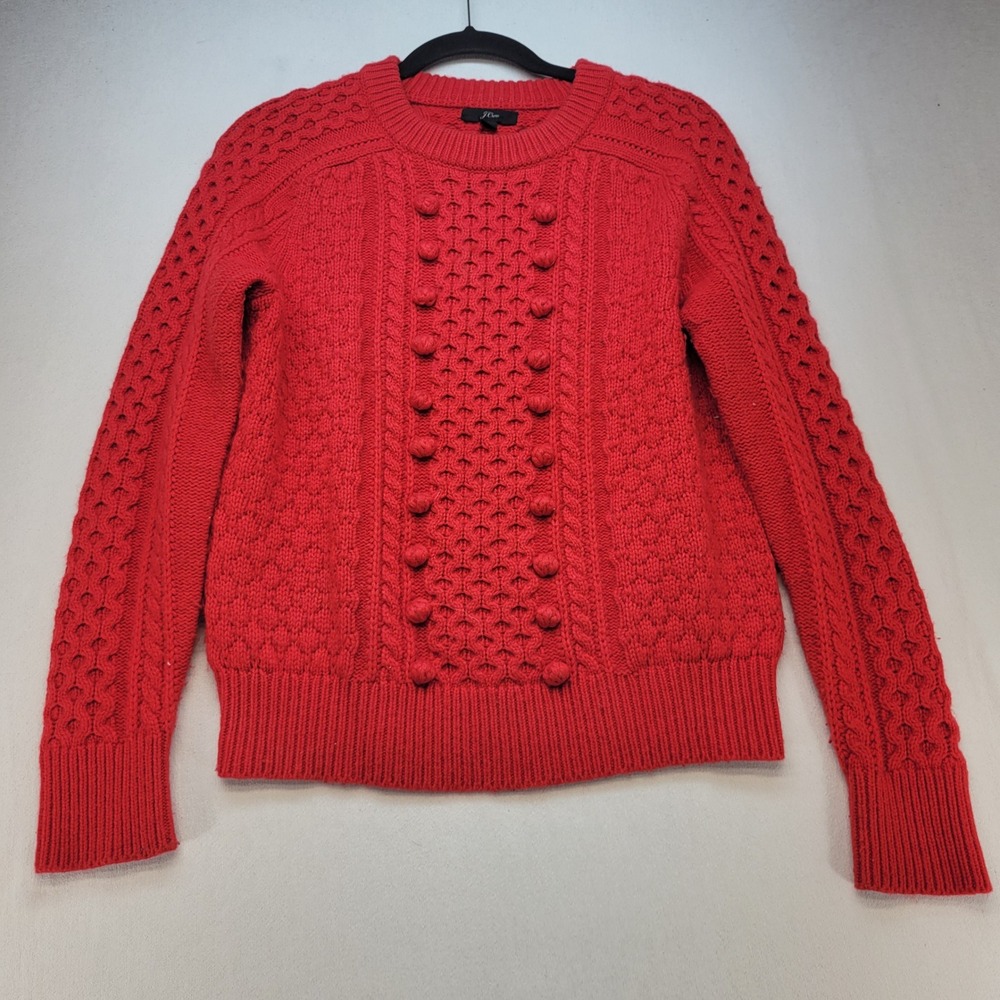 J.Crew Sweater Womens Small Red Cable Knit Pom Pom Lambswool Blend Pullover